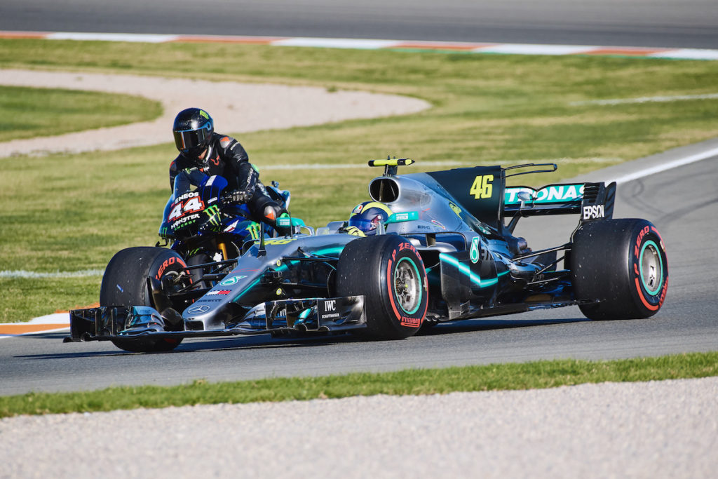Lewis Hamilton and Valentino Rossi swapped their respective machinery
